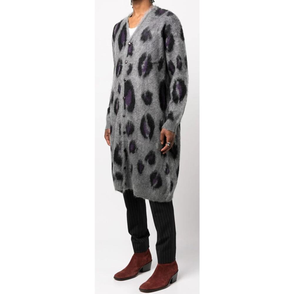 Needles Japan Mohair Long Cardigan Leopard Print Charcoal Gray Size Medium